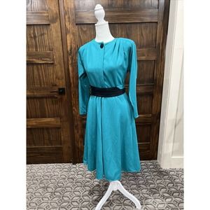 Vintage Dress Women’s 6 Petite Teal MIDI Long‎ Sleeve 80s Jodi Michaels